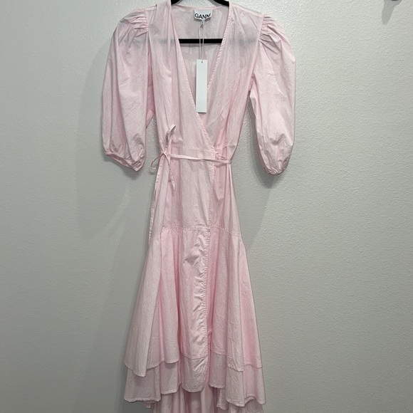 Ganni Puff Sleeve Organic Cotton Wrap Dress in Cherry Blossom - Picture 5 of 10